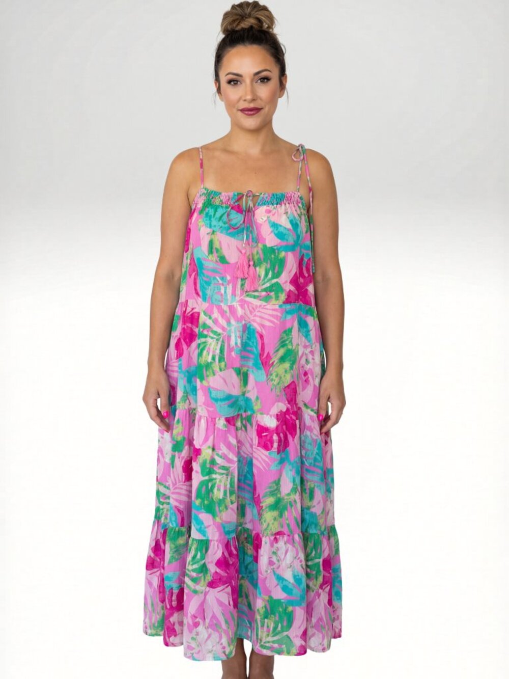 Easel Pink Tropical Leaf Tiered Maxi Dress Tie Strap Boho Resort Dress